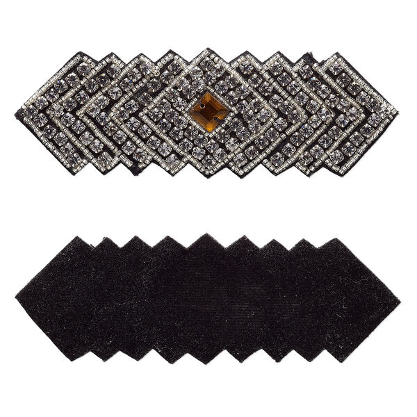 Sew-on component, velveteen / glass / silver-finished brass, black / silver-lined clear / amber brown, 4 x 1-1/4 inch geometrical pattern. Sold individually. image number 0