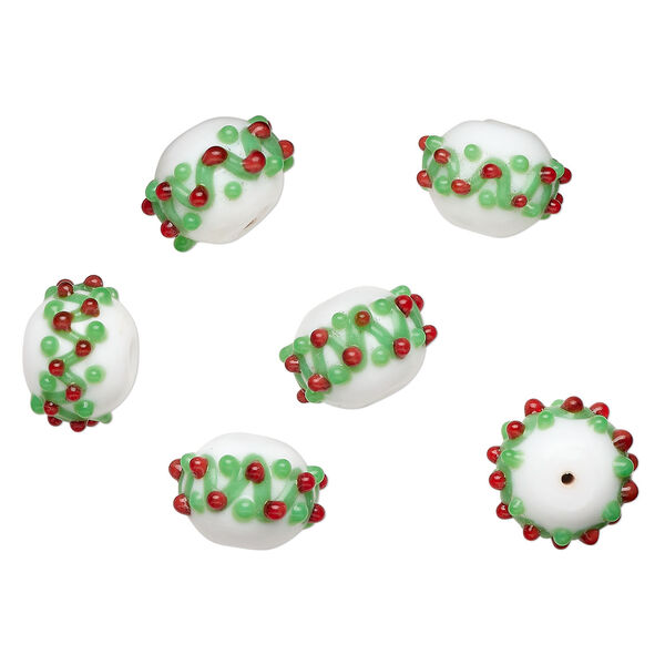 Bead, lampworked glass 1pkg6, opaque white / green / red, 18x13mm bumpy rondelle. image number 0