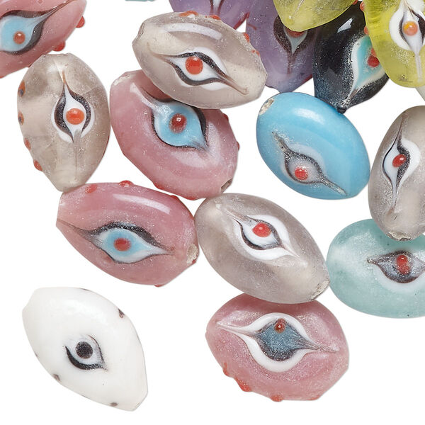 Bead mix, lampworked glass, opaque and translucent mixed colors, 15x8mm flat marquise. Sold per 2-ounce pkg, approximately 40 beads. image number 0