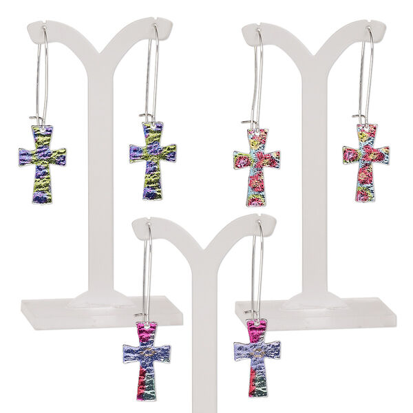 Earring mix, mylar / imitation rhodium-plated steel / "pewter" (zinc-based alloy), multicolored, 2-1/2 inches with cross and kidney ear wire. Sold per pkg of 3 pairs. image number 0