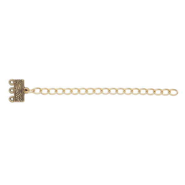 End bar, antique gold-finished "pewter" (zinc-based alloy), 32x13mm with 13x6mm 3-strand rectangle and 3-inch extender chain with lobster claw clasp. Sold per pkg of 6. image number 1