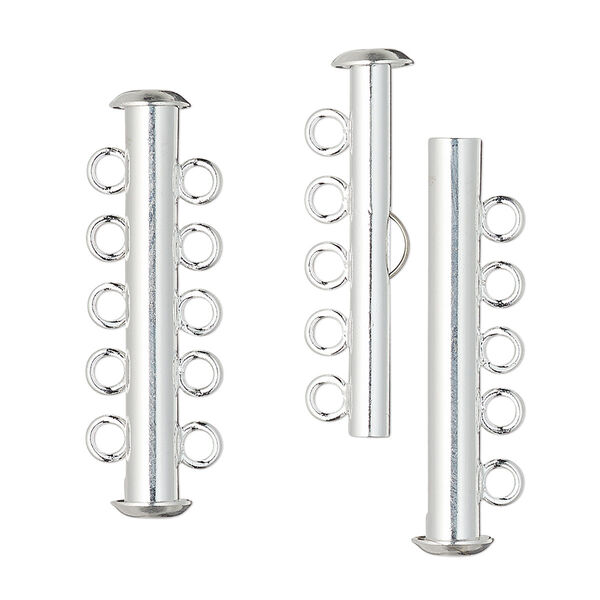 Clasp, 5-strand slide lock, silver-plated brass, 31x6mm tube. Sold per pkg of 4. image number 0
