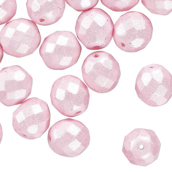 Czech fire-polished glass 1pkg40, faceted round bead dipped décor opaque pearlescent light pink 10mm image number 0