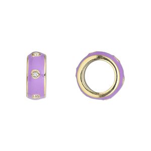 Bead, Dione®, enamel / crystals / gold-finished "pewter" (zinc-based alloy), lavender and crystal clear, 14x5.5mm. Sold individually.