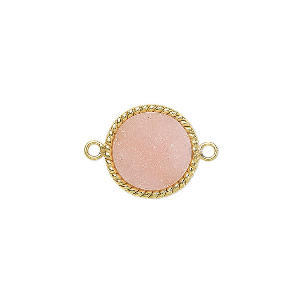 Link, druzy agate (dyed) and gold-plated sterling silver, pink, 14-16mm hand-cut single-sided flat round with twisted wire design. Sold individually. image number 0