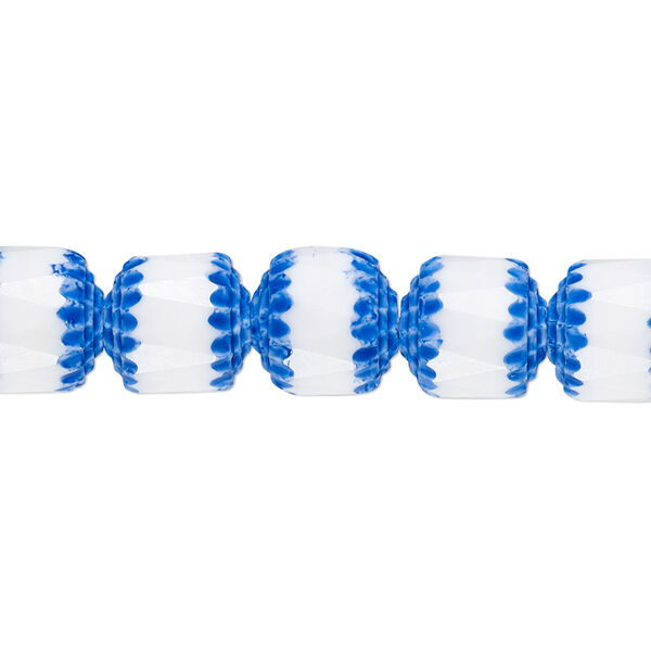 Bead, Czech dipped décor glass, white and medium blue Apollo, 10mm round cathedral. Sold per 15-1/2" to 16" strand. image number 0