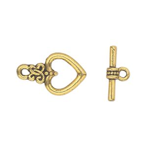 Clasp toggle 1pkg20 "pewter" (zinc alloy), 17x13mm double-sided heart, antique gold-finished 1-strand