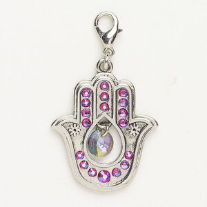 Charm steel glass 1pk 28x23mm Hamsa hand lobster claw clasp, silver finish clear AB vitrail