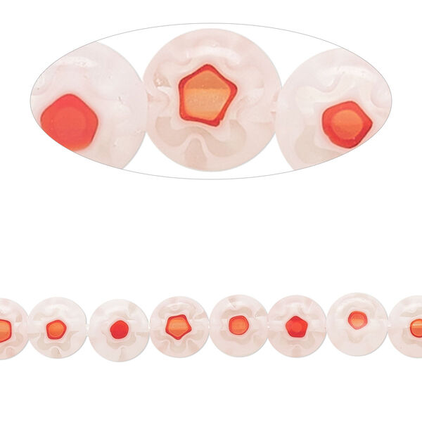Bead, millefiori glass, translucent red / white / clear, 6mm puffed flat round with flower and design. Sold per 14-inch strand. image number 0