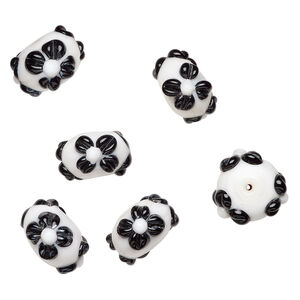 Bead, lampworked glass 1pkg6, opaque white / black, 19x11mm rondelle with flowers.