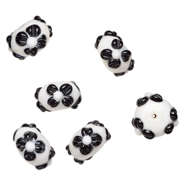 Bead, lampworked glass 1pkg6, opaque white / black, 19x11mm rondelle with flowers. image number 0