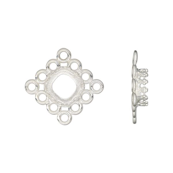Drop, JBB Findings, silver-plated brass, 15mm single-sided square with 8mm cushion bezel setting and 12 loops. Sold individually. image number 0