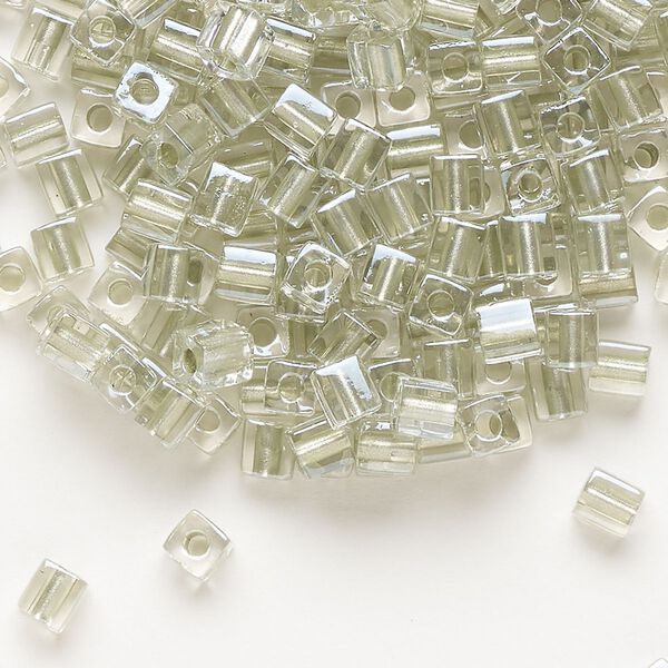 Seed bead, Miyuki, glass, pkg/25g, 3.5-3.7mm square, transparent metallic light green inside dyed color clear (SB-2604). image number 0