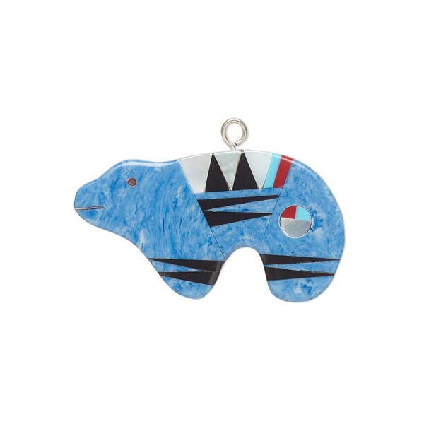 Charm, resin / cabibe shell / silver-finished copper, multicolored, 28x16mm single-sided Zuni-style bear. Sold individually. image number 0