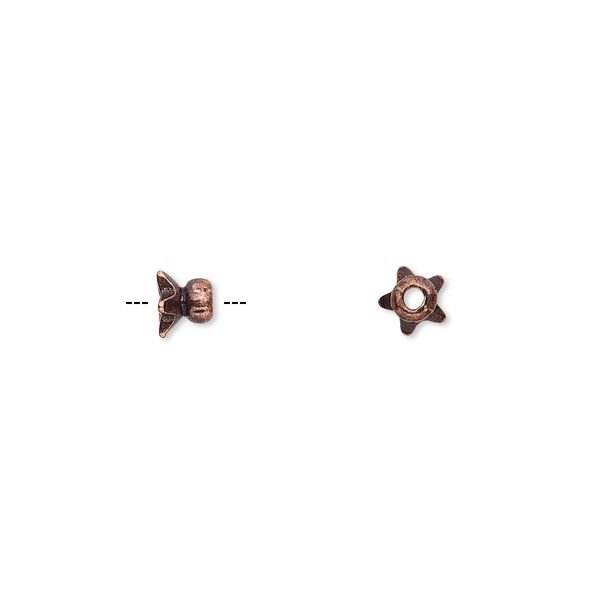 Bead cap, antique copper-finished "pewter" (zinc-based alloy), 4.5x3mm star, fits 4-6mm bead. Sold per pkg of 24. image number 0