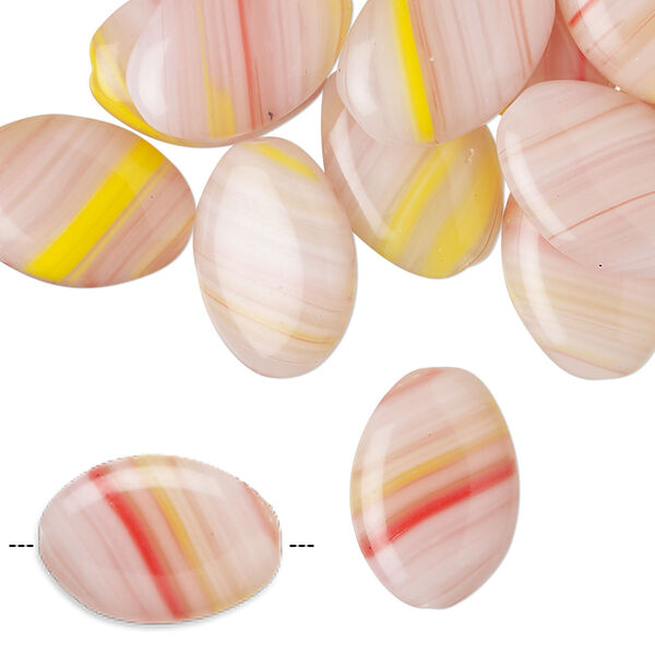 Bead, Czech pressed glass, translucent pink / dark pink / yellow, 16x12mm puffed oval with swirl design. Sold per 2-ounce pkg, approximately 40 beads. image number 0