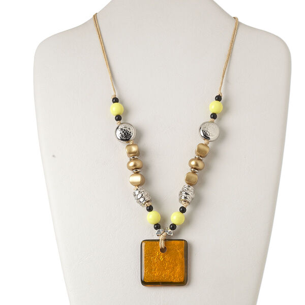 Necklace, lampworked glass / silver-coated plastic / plastic / silver-finished steel / acrylic / glass / waxed cotton cord, multicolored with silver-colored foil, 39x39mm square, 22 inches with lobster claw clasp and 2-inch extender chain. Sold individually. image number 0