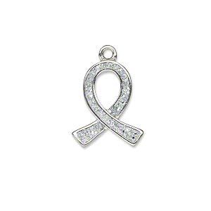 Charm, silver-plated "pewter" (zinc-based alloy) and enamel with silver-colored glitter, 18x15mm single-sided awareness ribbon. Sold individually.