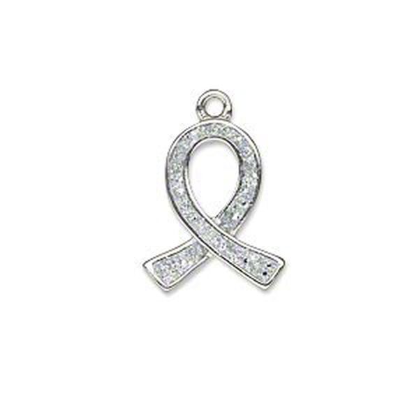 Charm, silver-plated "pewter" (zinc-based alloy) and enamel with silver-colored glitter, 18x15mm single-sided awareness ribbon. Sold individually. image number 0