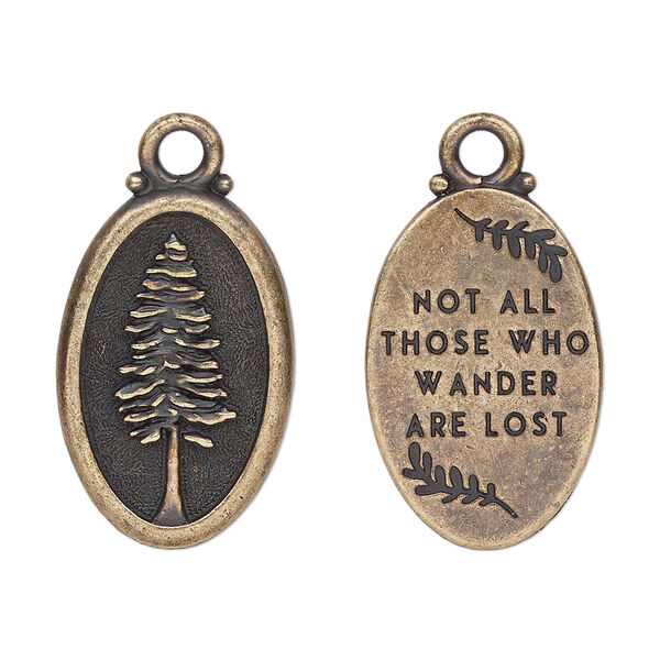 Charm, TierraCast®, antique brass-plated pewter (tin-based alloy), 26x16mm 2-sided oval with redwood and "Not all those who wander are lost." Sold per pkg of 20. image number 0