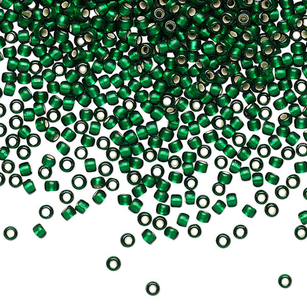 Seed bead, TOHO BEADS®, glass, pkg/7.5g, #11 round, translucent silver-lined frosted green emerald (TR-11-36F). image number 0