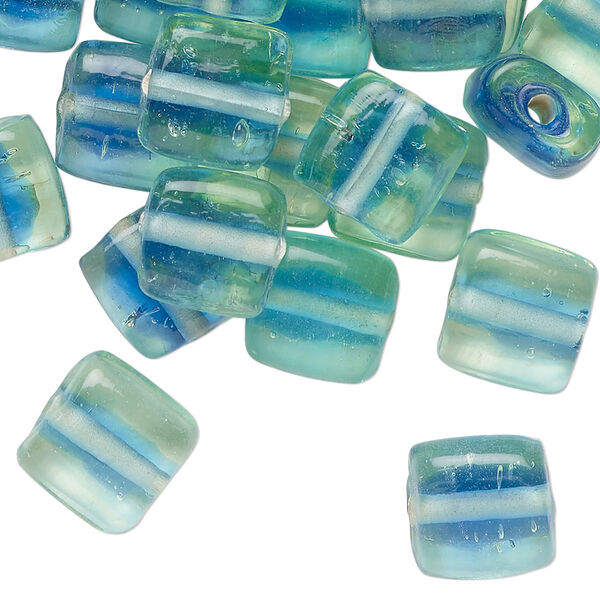 Bead, glass, translucent green and blue, 11mm puffed square. Sold per pkg of 50, approximately 45 beads. image number 0