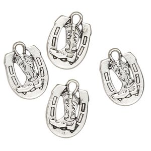 Charm, antique silver-finished "pewter" (zinc-based alloy), 15x13mm horseshoe with cowboy boot. Sold per pkg of 4.