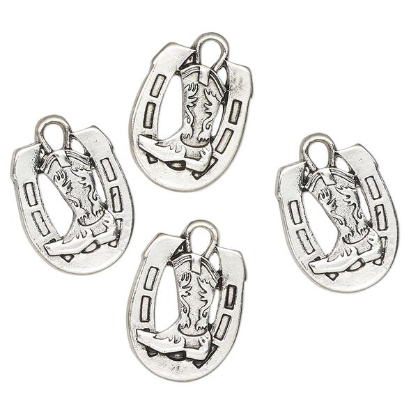 Charm, antique silver-finished "pewter" (zinc-based alloy), 15x13mm horseshoe with cowboy boot. Sold per pkg of 4. image number 0