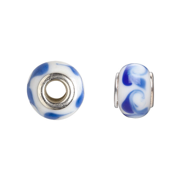 Bead, Dione®, lampworked glass with silver-plated steel grommets, white with blue swirls, 14x10mm rondelle with 4.5-5mm hole. Sold per pkg of 6. image number 0