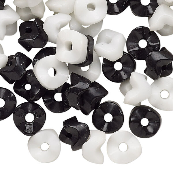 Bead mix, vintage Czech glass, opaque black and white, 8x5mm-9x6mm interlocking chevron with 2.5mm hole. Sold per pkg of 90. image number 0