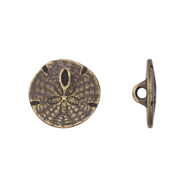 Button, TierraCast®, antique brass-plated pewter (tin-based alloy), 17mm flat round sand dollar with closed loop. Sold per pkg of 2. image number 0