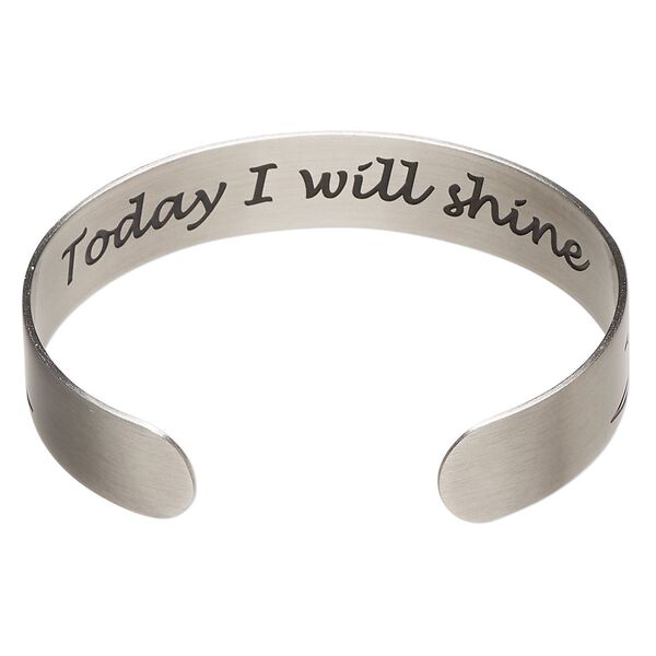 Bracelet cuff 1pkg1 silver-finished brass, black, 12mm wide with sunshine design on outside / "Today I will shine" on inside. image number 1