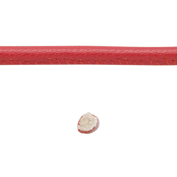Cord, leather and cotton (dyed), red, 4mm zigzag-stitched round. Sold per 1-yard section. image number 0