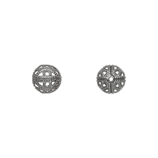Bead, gunmetal-plated brass, 8mm filigree round. Sold per pkg of 10. image number 0
