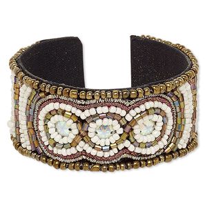 Bracelet, cuff, acrylic / cotton / glass / plastic sequin / steel, iridescent multicolored, 32mm wide with oval and line stripe design, adjustable from 6-1/2 to 7 inches. Sold individually.