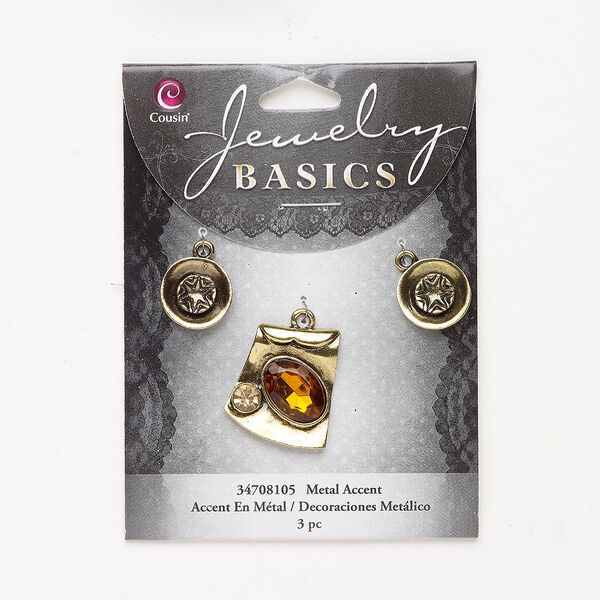 Acrylic / brass 1pkg3, fancy rectangle charm / drop assortment amber / peach / antique gold-finished 24x22mm / 14mm image number 0