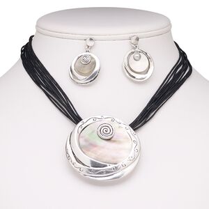 Necklace and earring set, Everyday Jewelry, 6-strand, black lip shell (natural) / waxed cotton cord / stainless steel / antique silver-plated steel / "pewter" (zinc-based alloy), black, 52mm round, 16 inches with 2-inch extender chain and lobster claw clasp, 37mm earrings with post. Sold per set.