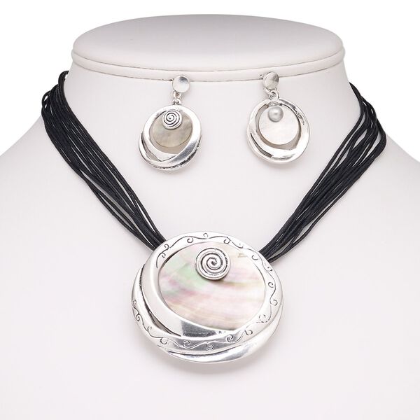 Necklace and earring set, Everyday Jewelry, 6-strand, black lip shell (natural) / waxed cotton cord / stainless steel / antique silver-plated steel / "pewter" (zinc-based alloy), black, 52mm round, 16 inches with 2-inch extender chain and lobster claw clasp, 37mm earrings with post. Sold per set. image number 0