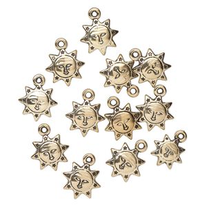 Drop, acrylic, antique gold, 17mm double-sided sun with face. Sold per pkg of 12.