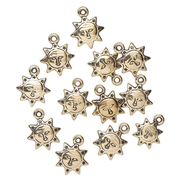 Drop, acrylic, antique gold, 17mm double-sided sun with face. Sold per pkg of 12. image number 0