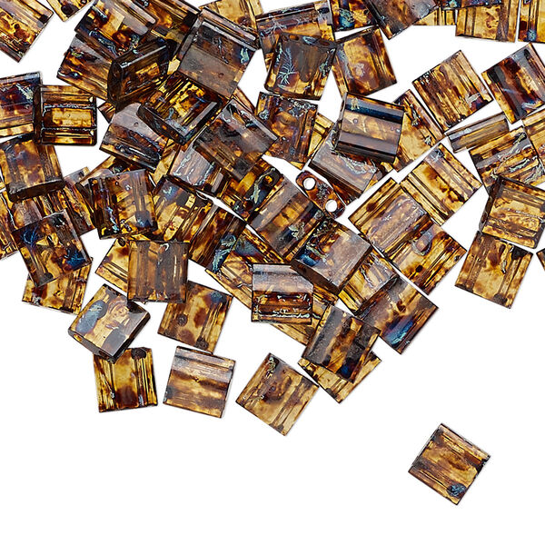 Seed bead, TILA®, glass, pkg/250g, 5mm full tila square, translucent Picasso amber brown, (TL-4502). image number 0