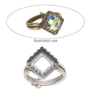 Ring, JBB Findings, antique silver-plated brass, 15.5mm wide with decorative trim and 10x10mm square bezel setting, adjustable from size 6-9. Sold individually.