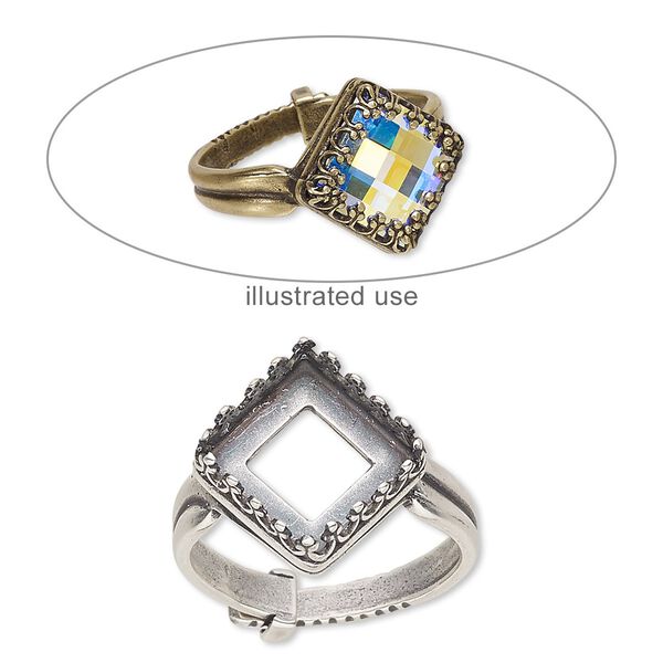 Ring, JBB Findings, antique silver-plated brass, 15.5mm wide with decorative trim and 10x10mm square bezel setting, adjustable from size 6-9. Sold individually. image number 0