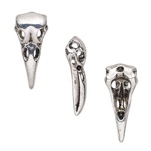 Charm, antique silver-finished "pewter" (zinc-based alloy), 23x10mm double-sided 3D raven skull. Sold per pkg of 4.