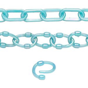 Chain 1pkg5, 7mm oval / 9mm removable oval link, ABS plastic / turquoise blue AB 16 inch unfinished