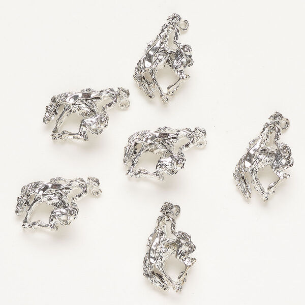 Charm, "pewter" (zinc-based alloy), pkg/6, 20x15mm 3D rodeo cowboy and horse, silver finish. image number 0