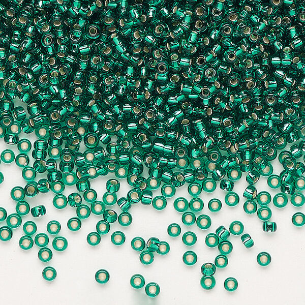 Seed bead, Miyuki, glass, pkg/25g, #11 rocaille, transparent silver-lined emerald green (RR-17). image number 0