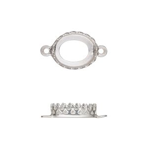 Link, sterling silver, 13.5x11mm oval with decorative trim and open back with 12x10mm oval cabochon bezel setting. Sold individually.