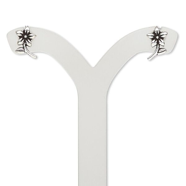 Earring, antiqued sterling silver, 10x8mm flower with post. Sold per pair. image number 0