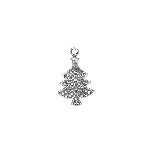 Charm, antiqued sterling silver, 14.5x10mm double-sided Christmas tree. Sold individually. image number 0